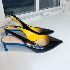 Patent black sling back kitten heels